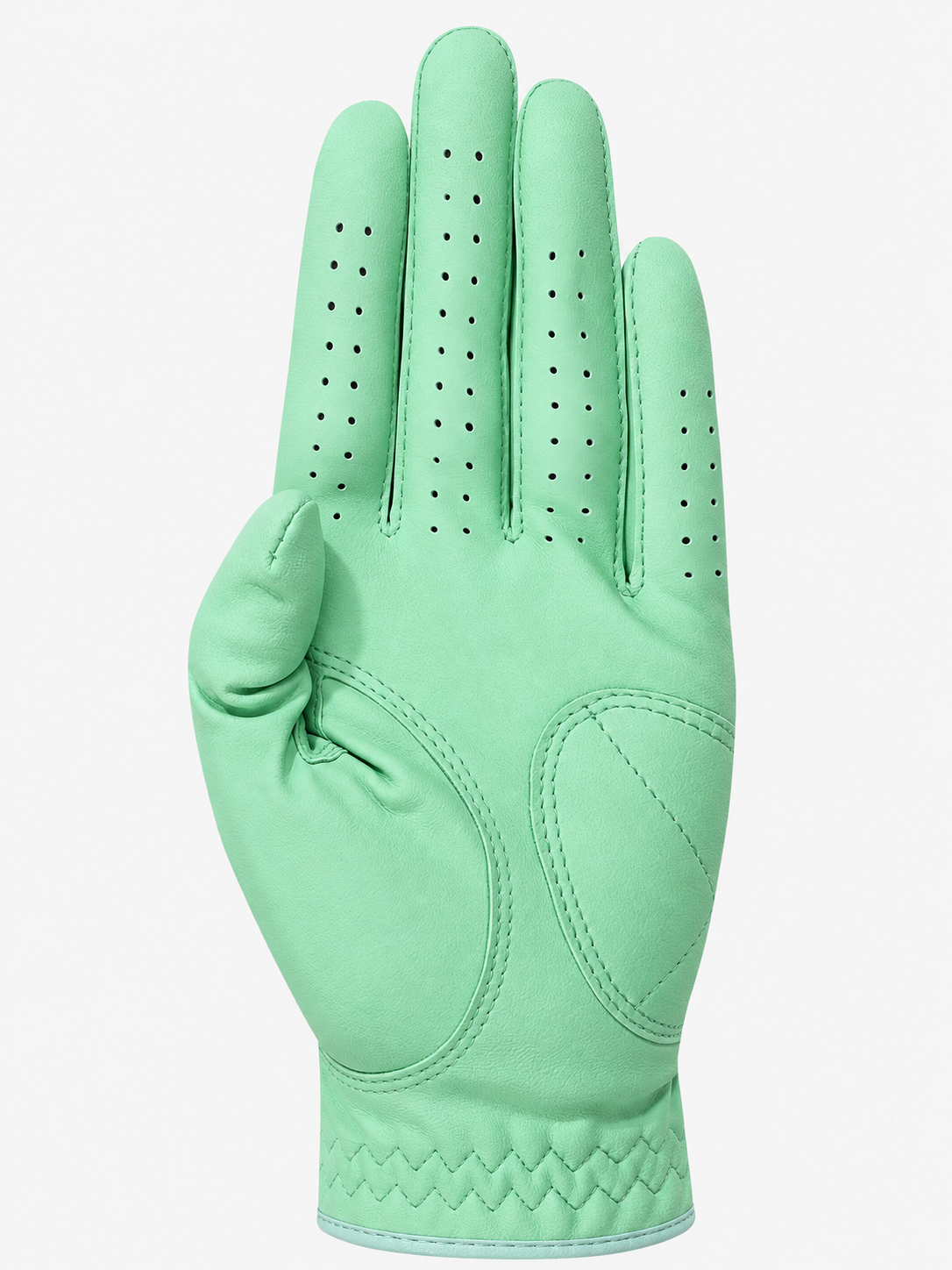 Mint green sheepskin golf glove palm view with reinforced leather patches