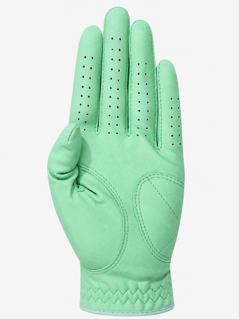 Mint green sheepskin golf glove palm view with reinforced leather patches