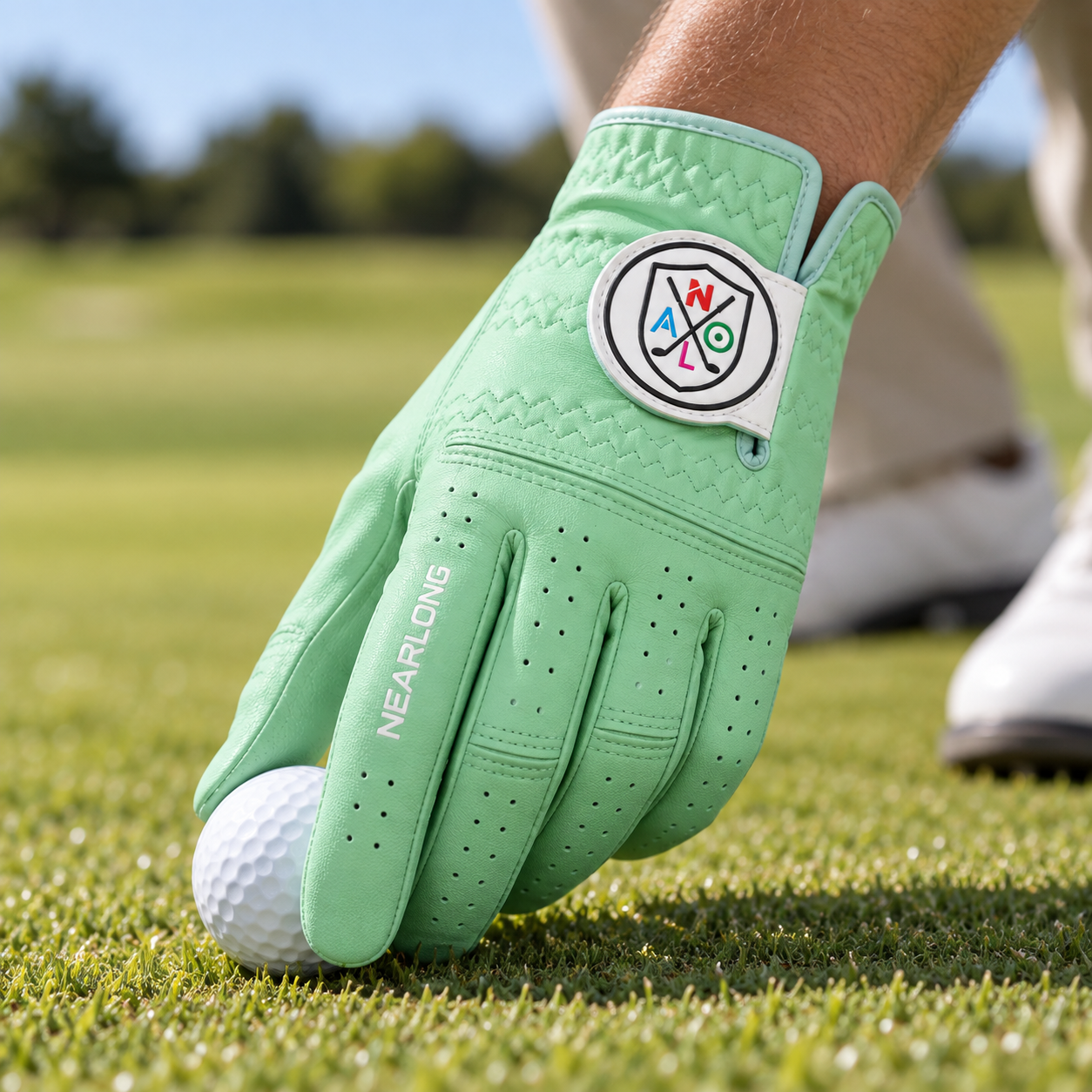 Mint green sheepskin golf glove on golf course with breathable full-finger design