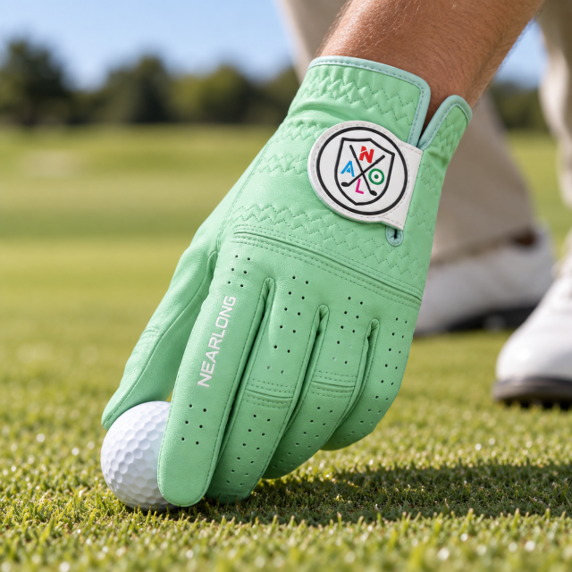 Mint green sheepskin golf glove on golf course with breathable full-finger design