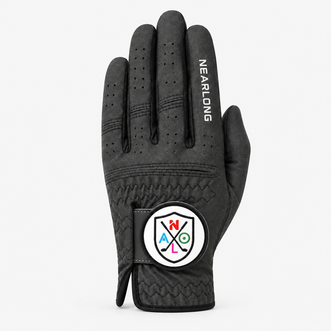 Black sheepskin golf glove back view with breathable perforated fingers