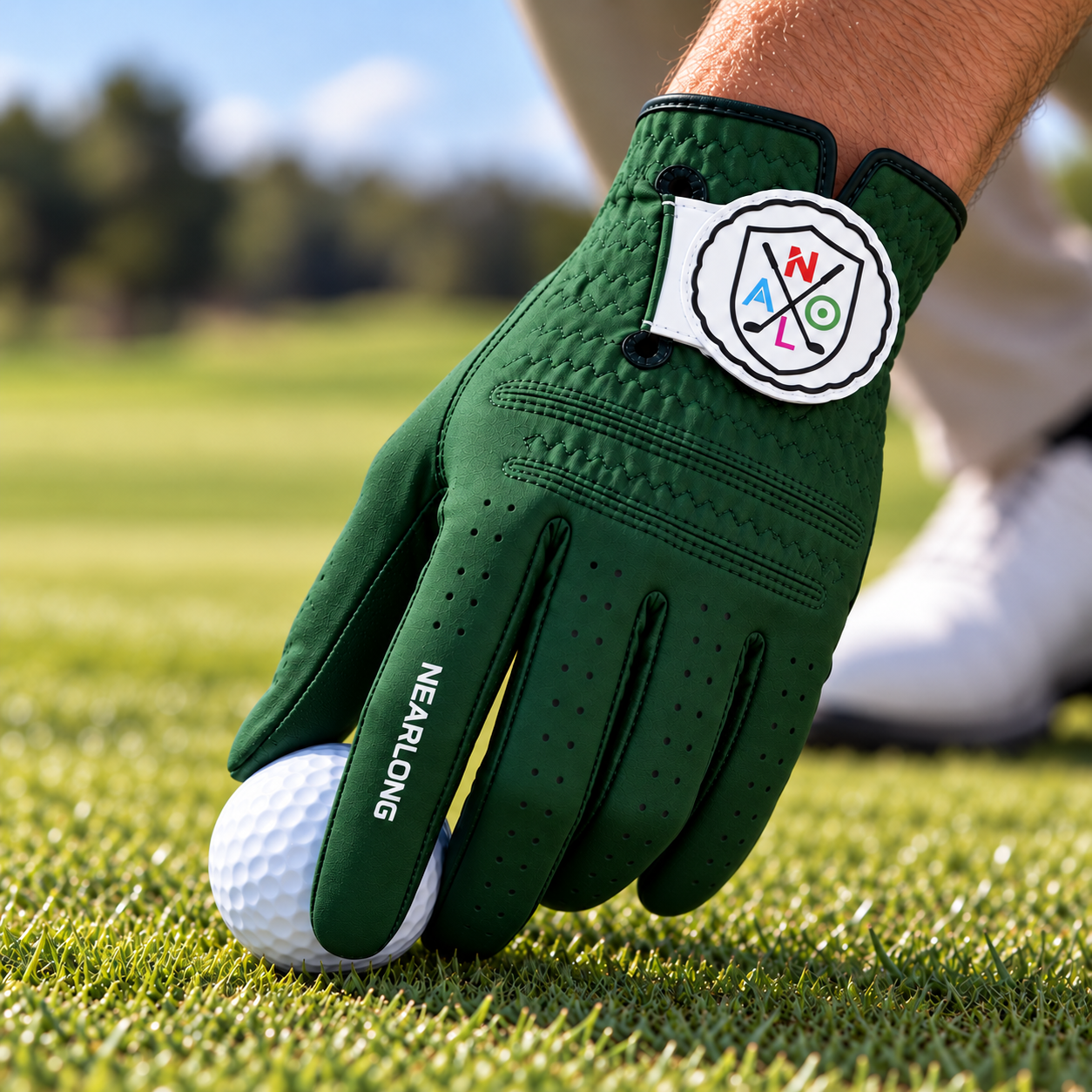 Green sheepskin golf glove on golf course with breathable finger perforations