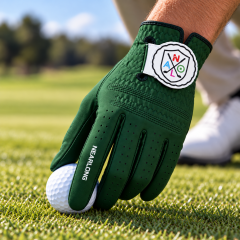 Green sheepskin golf glove on golf course with breathable finger perforations