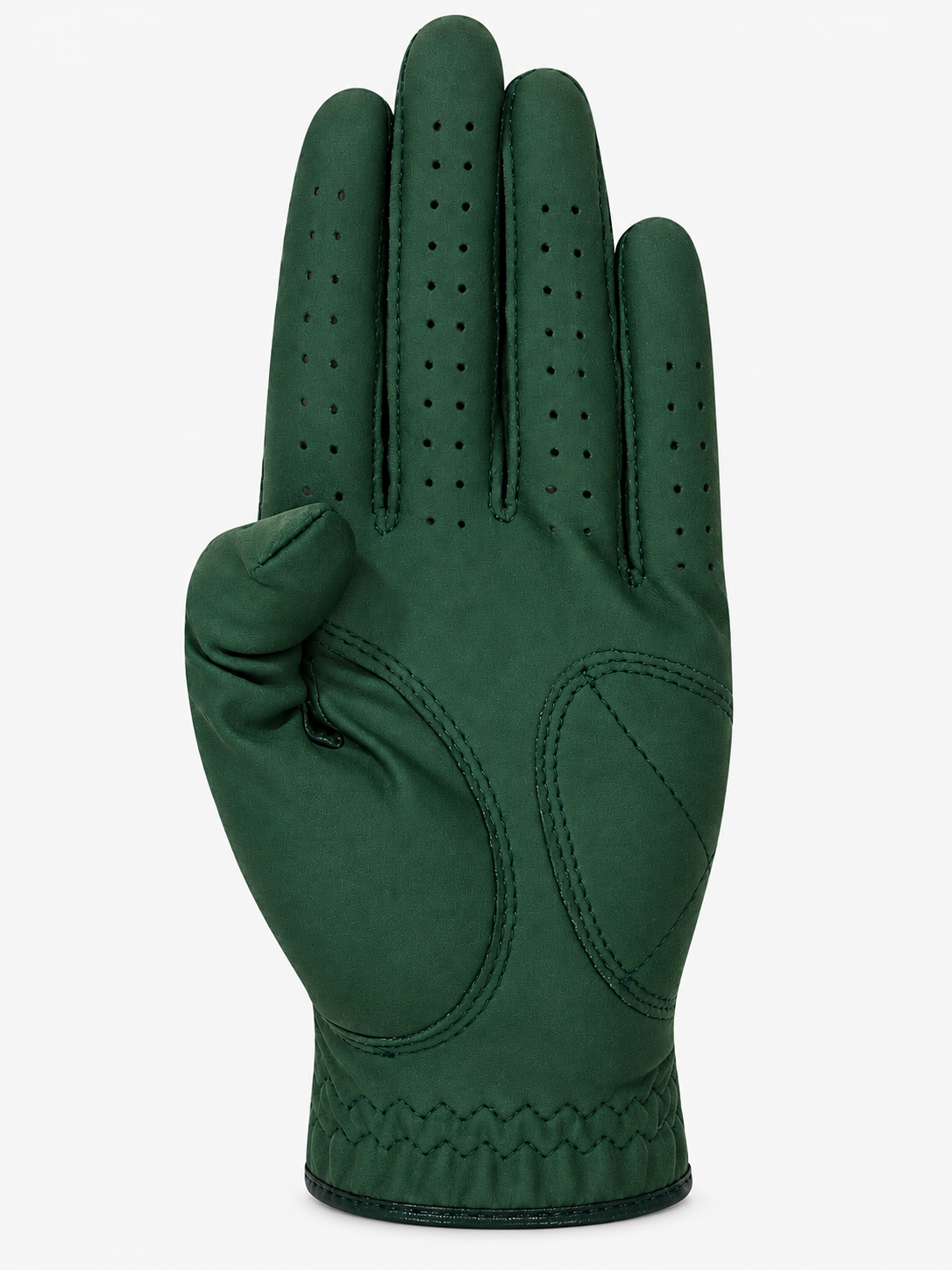 Green sheepskin golf glove palm view with reinforced leather patch