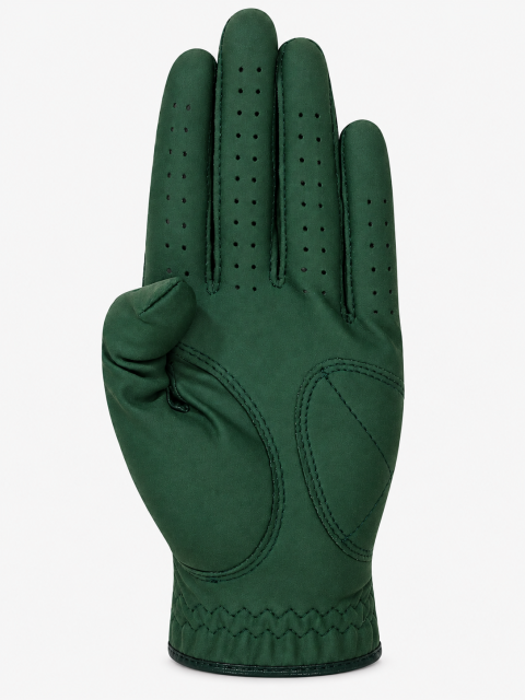 Green sheepskin golf glove palm view with reinforced leather patch