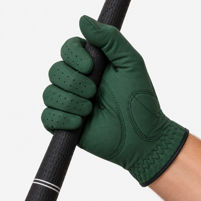 Green sheepskin golf glove gripping golf club with reinforced palm