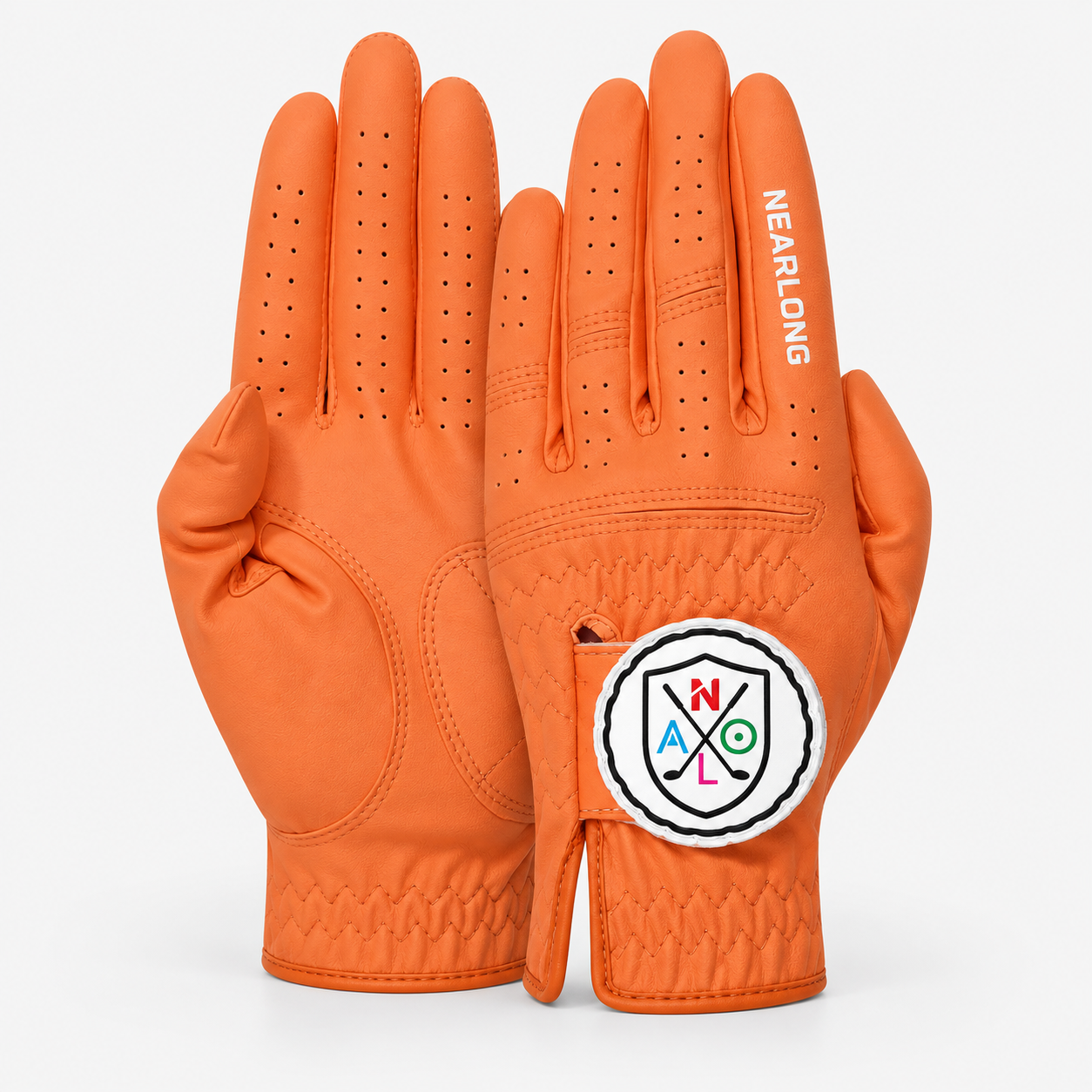 Orange sheepskin golf glove palm and back view with custom logo