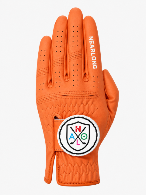 Orange sheepskin golf glove back view with breathable finger perforations