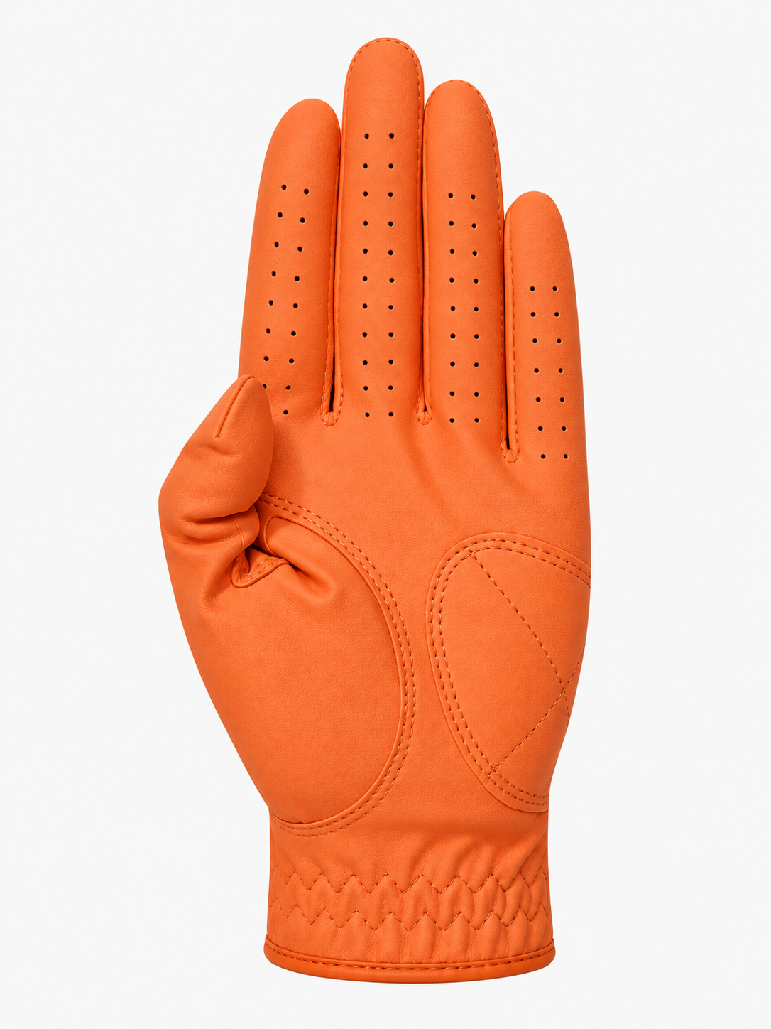 Orange sheepskin golf glove palm view with reinforced leather panels