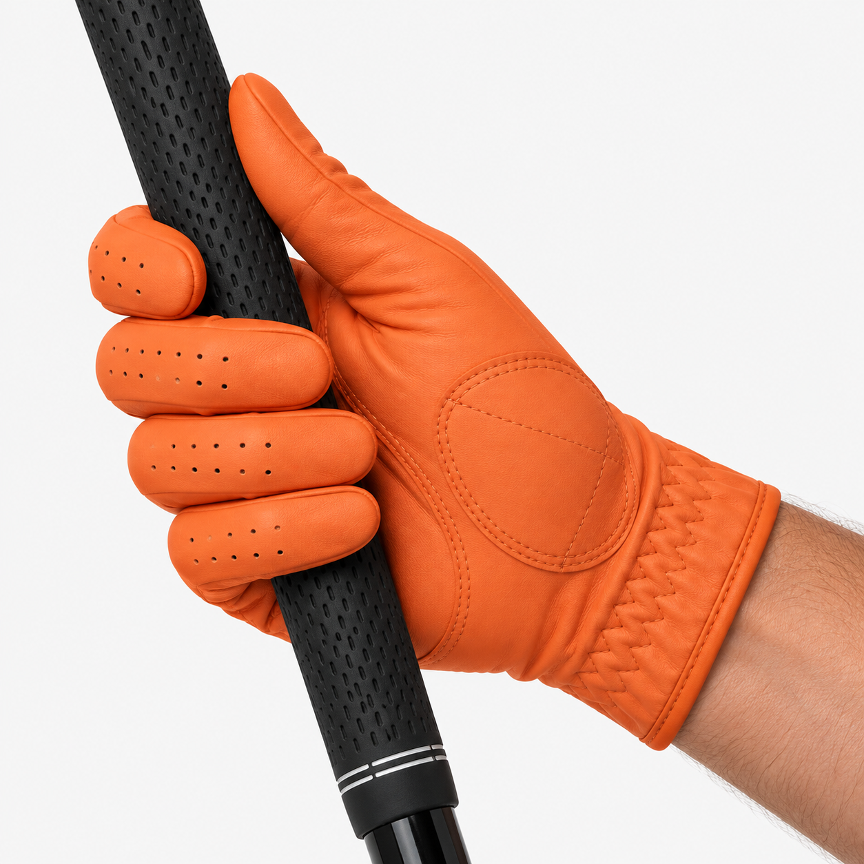 Orange leather golf glove palm grip with reinforced contact areas