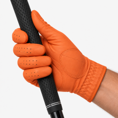 Orange leather golf glove palm grip with reinforced contact areas
