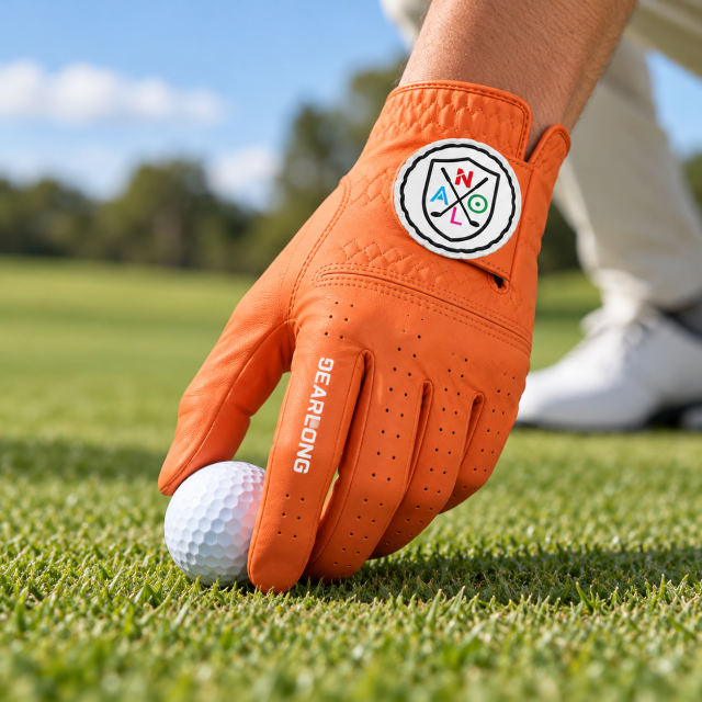 Orange sheepskin golf glove on golf course with breathable full-finger design