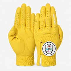 Yellow sheepskin golf glove palm and back view with custom logo