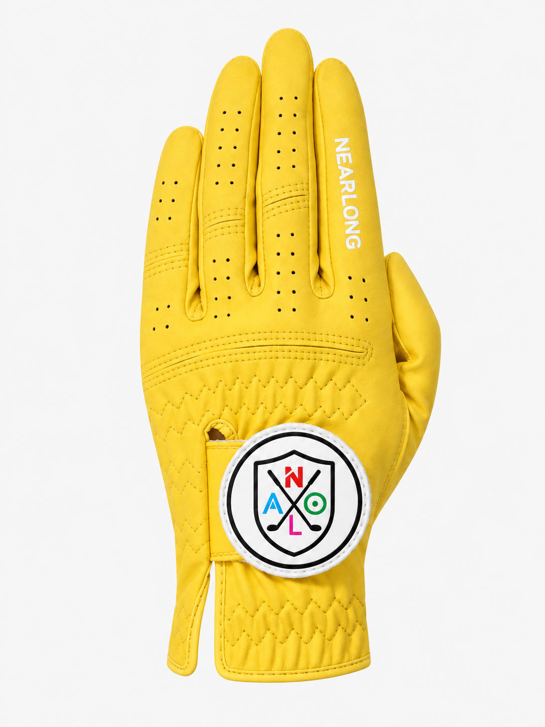 Yellow sheepskin golf glove back view with breathable finger perforations