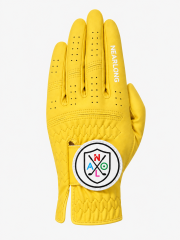 Yellow sheepskin golf glove back view with breathable finger perforations