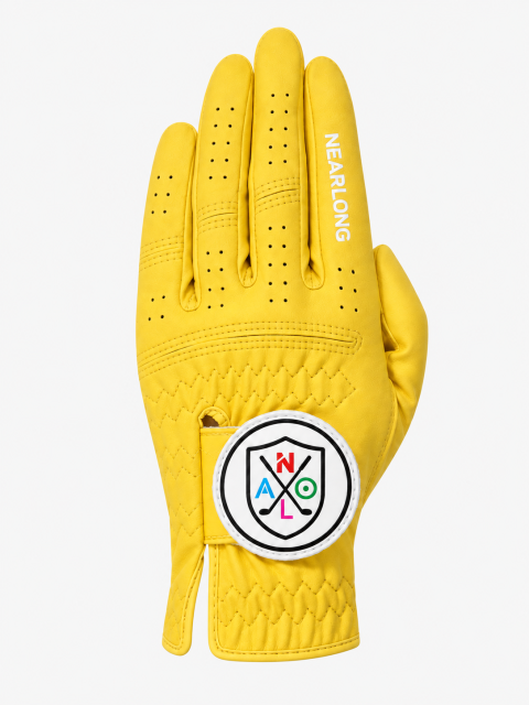 Yellow sheepskin golf glove back view with breathable finger perforations