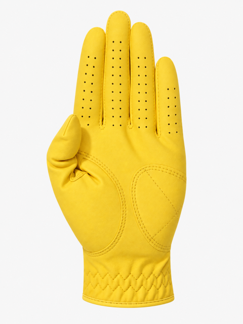 Yellow sheepskin golf glove palm view with reinforced leather panels