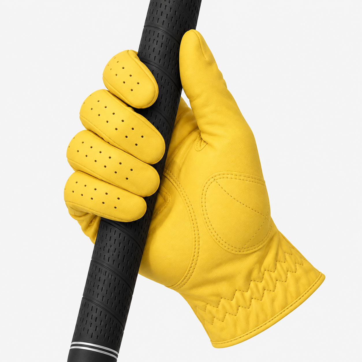 Yellow leather golf glove palm grip with reinforced contact areas