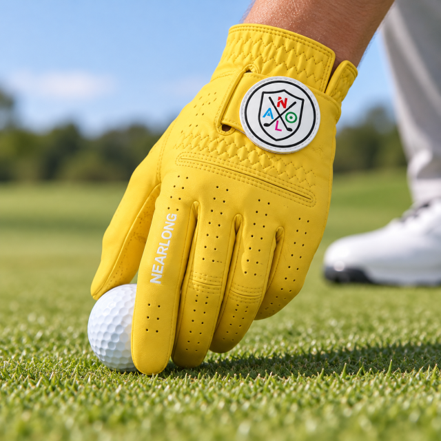 Yellow sheepskin golf glove on golf course with breathable full-finger design
