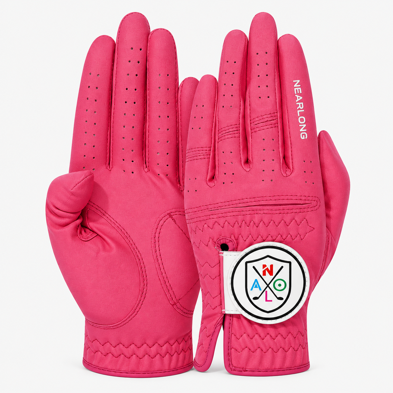 Hot pink sheepskin golf glove palm and back view with custom logo