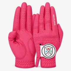 Hot pink sheepskin golf glove palm and back view with custom logo