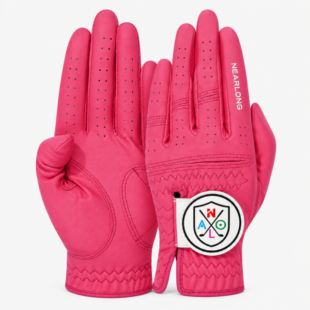 Hot pink sheepskin golf glove palm and back view with custom logo