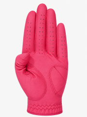Hot pink sheepskin golf glove palm view with reinforced leather panels