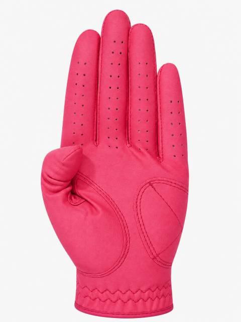 Hot pink sheepskin golf glove palm view with reinforced leather panels