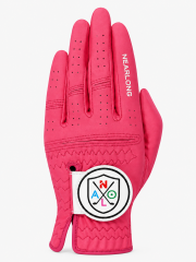Hot pink sheepskin golf glove back view with breathable finger perforations