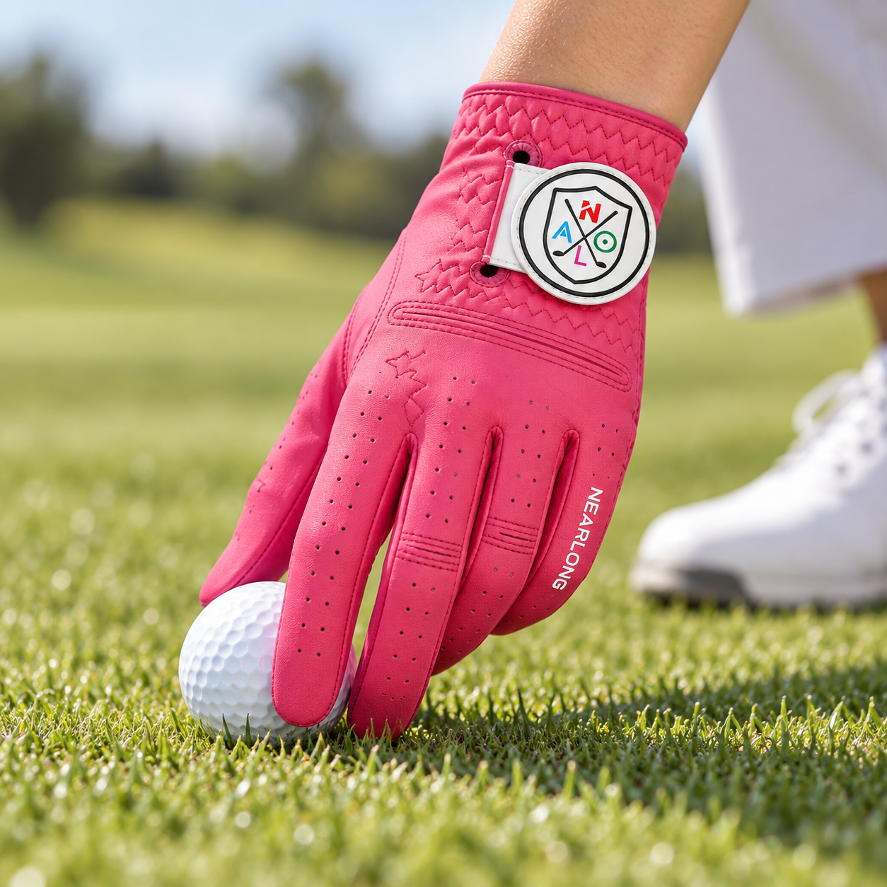 Hot pink sheepskin golf glove on golf course with breathable full-finger design