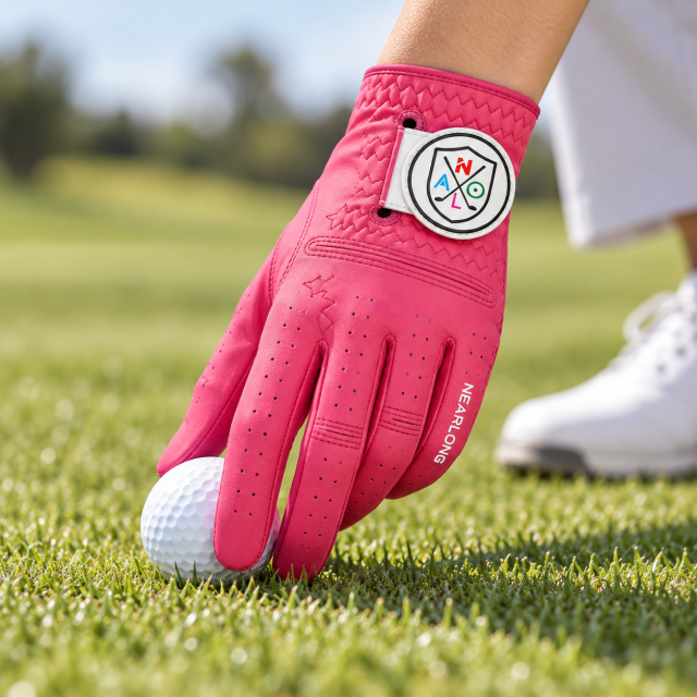 Hot pink sheepskin golf glove on golf course with breathable full-finger design