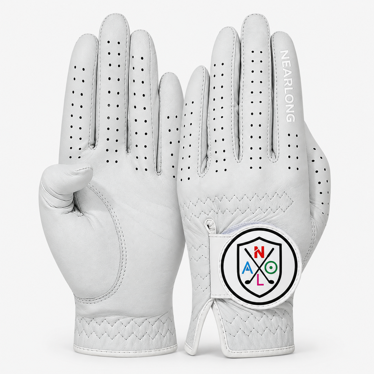 White sheepskin golf glove palm and back view with custom logo