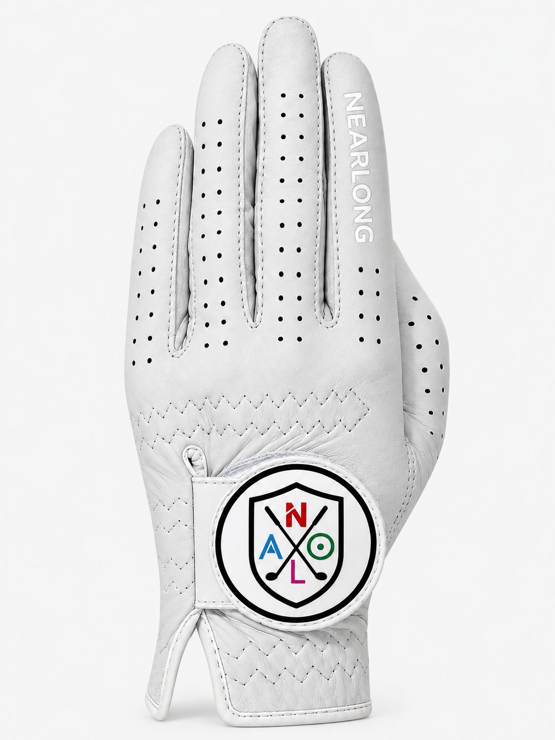 White sheepskin golf glove back view with breathable finger perforations