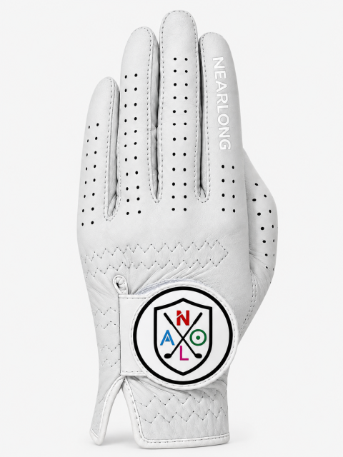 White sheepskin golf glove back view with breathable finger perforations