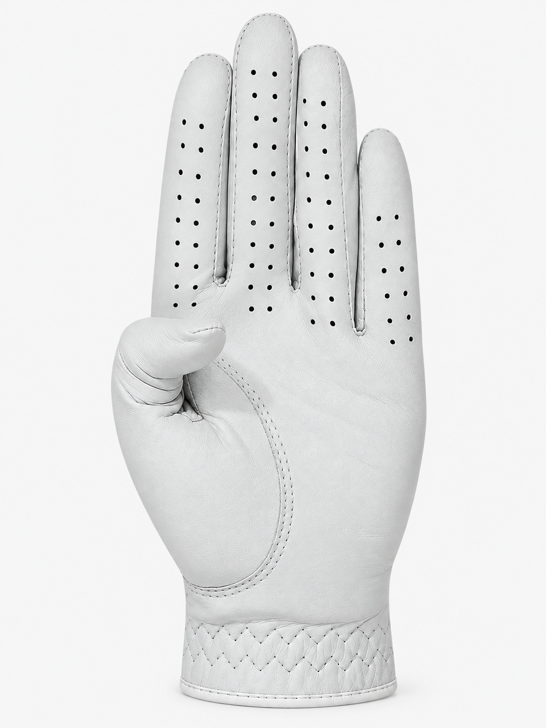 White sheepskin golf glove palm view with reinforced leather panel