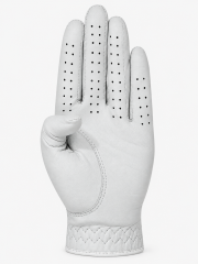 White sheepskin golf glove palm view with reinforced leather panel