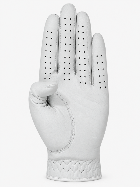 White sheepskin golf glove palm view with reinforced leather panel