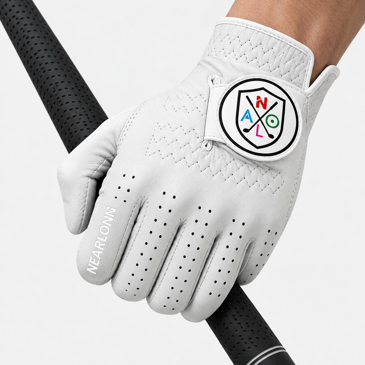 White sheepskin golf glove gripping golf club with custom closure logo