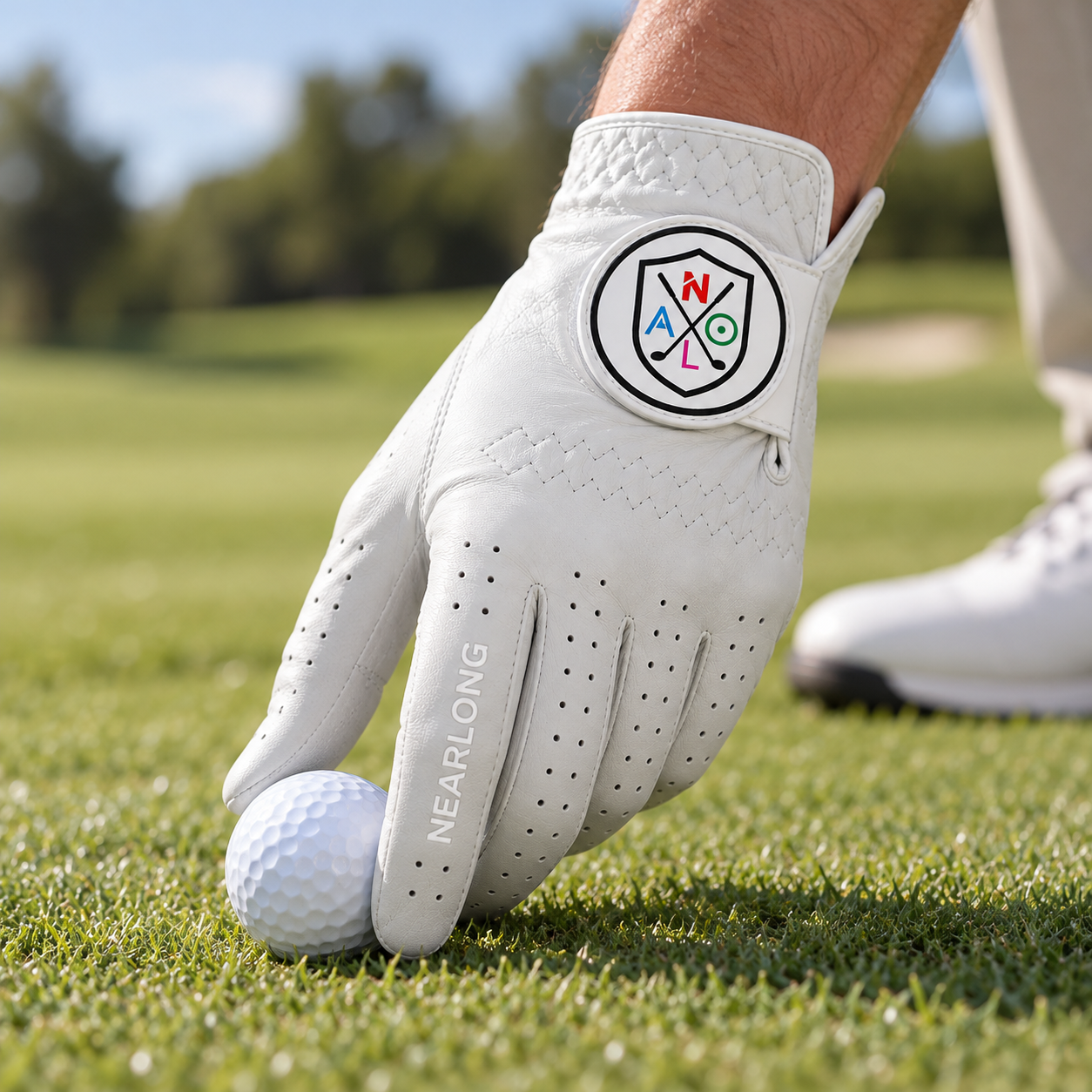 White sheepskin golf glove on golf course with breathable full-finger design