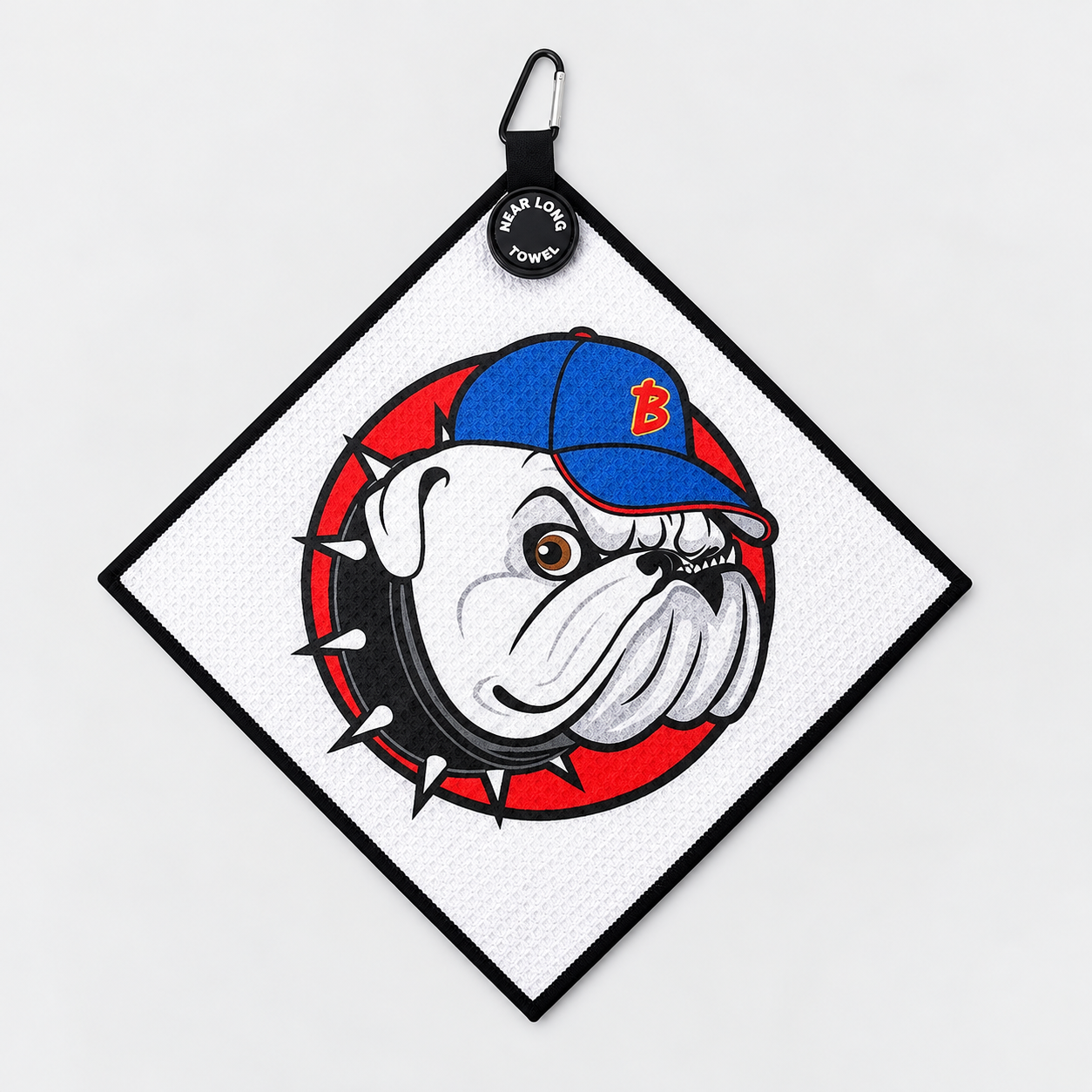 Custom magnetic golf towel with carabiner clip and bulldog print