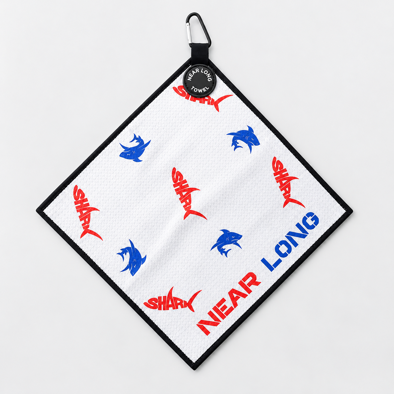 All-over print golf towel with custom shark pattern and logo