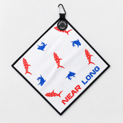 All-over print golf towel with custom shark pattern and logo