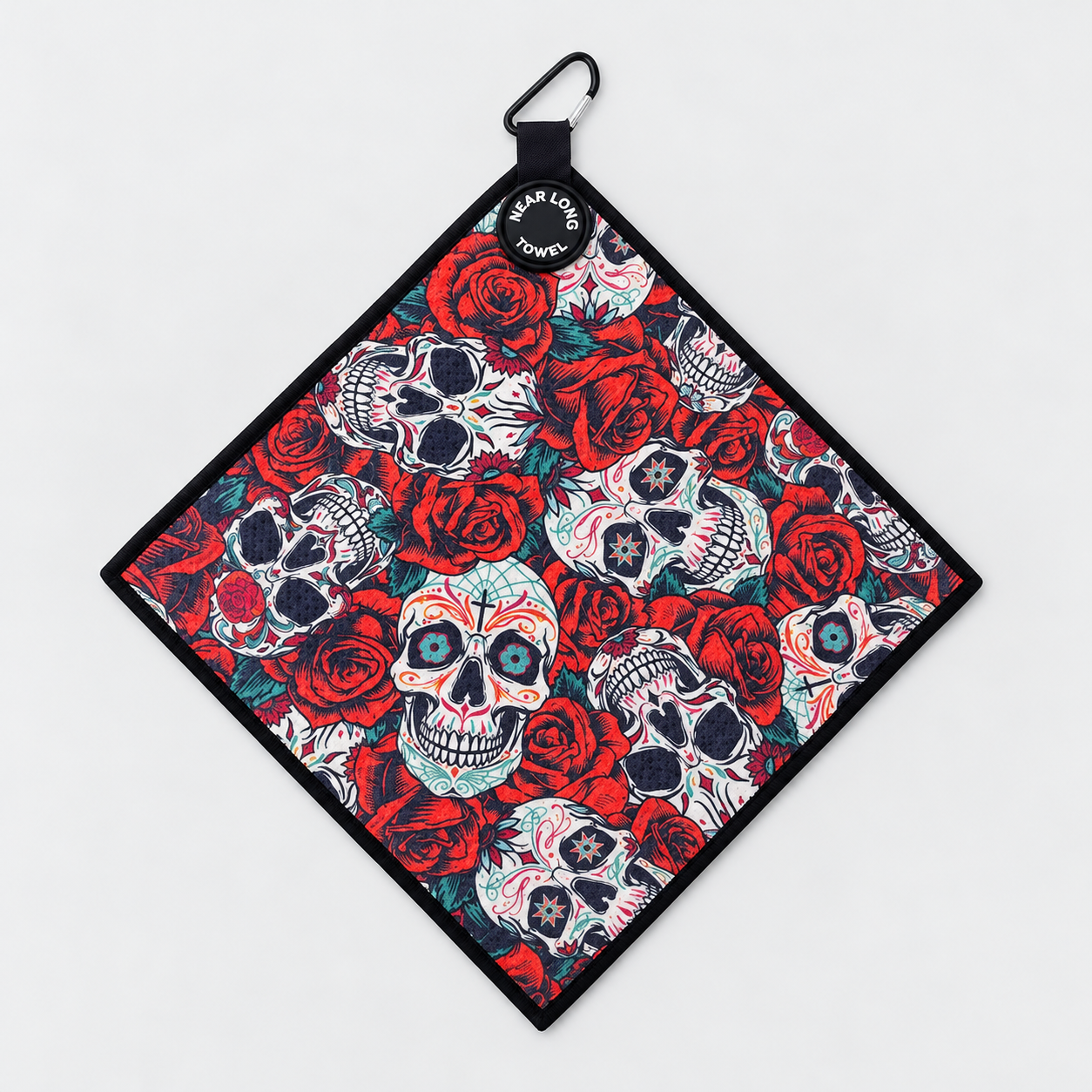Golf towels with logo and all-over skull rose print design