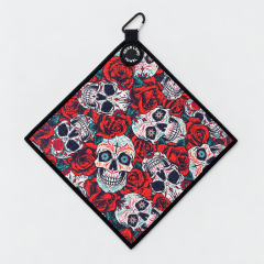 Golf towels with logo and all-over skull rose print design