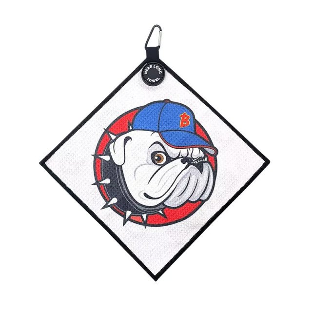 White custom golf towel with bulldog logo and black edge trim