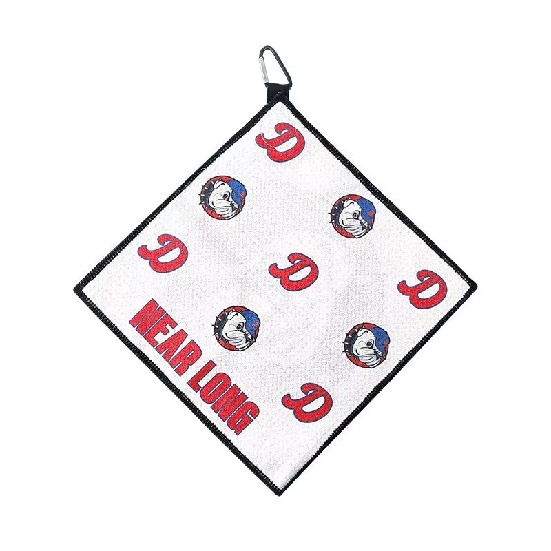 Custom logo golf towel print detail with Near Long lettering