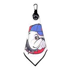 Hanging custom golf towel with carabiner and all-over bulldog print