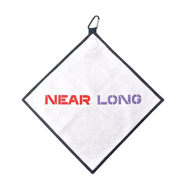 Custom logo golf towel with black edge binding and clip