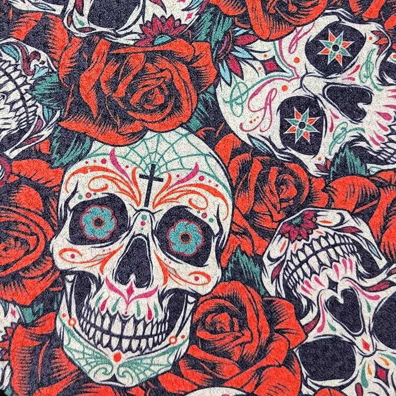 Custom pattern golf towel with full-color skull and rose print