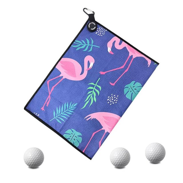 Women's golf bag towel with flamingo print and carabiner clip